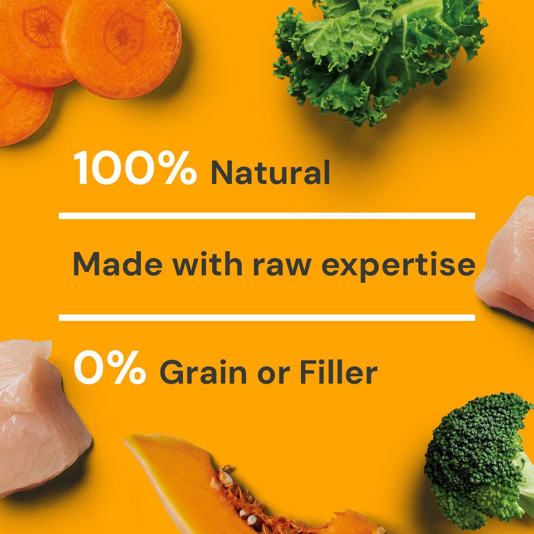 Veggie and meat products with text on an orange background