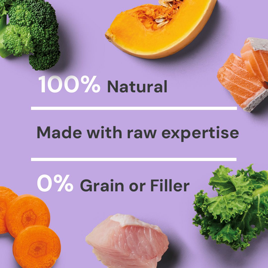 Assorted raw food items on a purple background with text about natural ingredients and expertise.