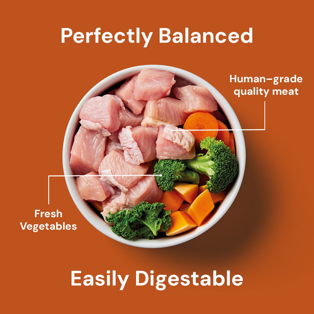  bowl of human-grade quality meat and fresh vegetables with text on an orange background