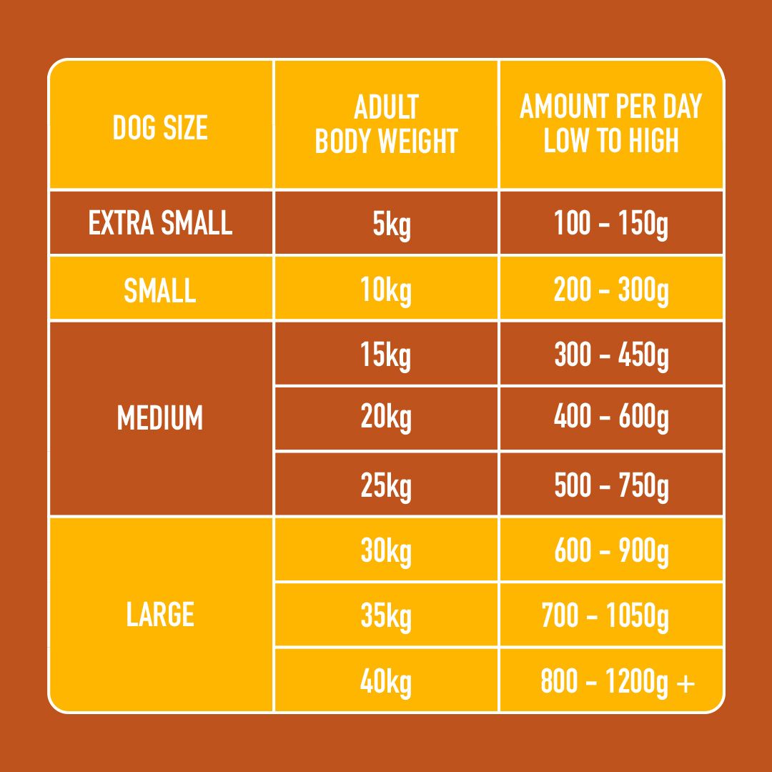 Chart detailing dog food amount per day based on size and weight on a brown background