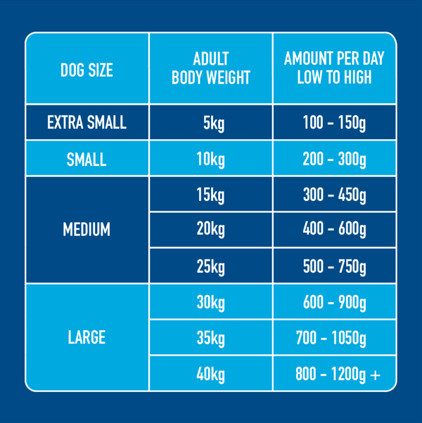 Table showing dog size, adult body weight, and recommended food amount per day on a blue background.