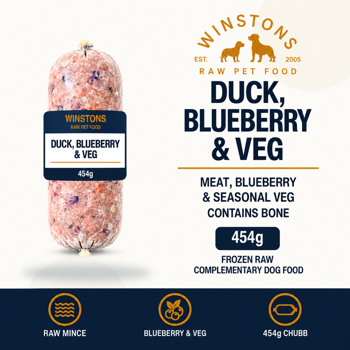 Winston’s Duck, Blueberry & Veg 454g complementary raw dog food